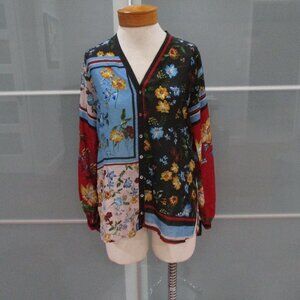 Johnny Was Long Sleeve 100% Silk Button Front Blouse